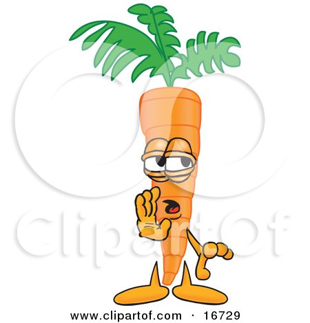 Clipart Picture of an Orange Carrot Mascot Cartoon Character Holding His Hand up by His Mouth While Whispering a Secret by Mascot Junction