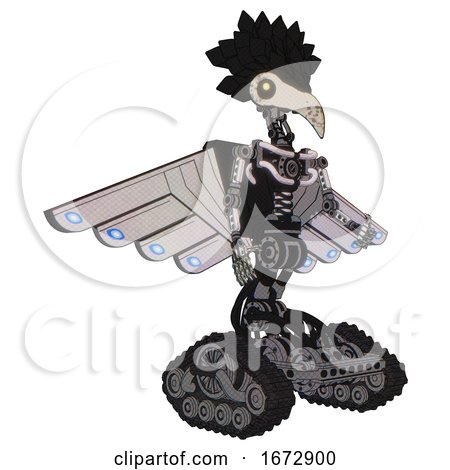 Robot Containing Bird Skull Head and Yellow Led Protruding Eyes and Crow Feather Design and Light Chest Exoshielding and Cherub Wings Design and No Chest Plating and Tank Tracks. White Halftone Toon. by Leo Blanchette