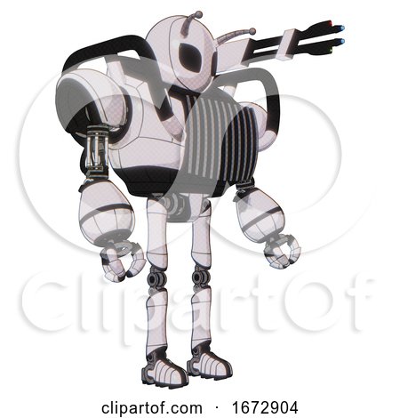 Mech Containing Grey Alien Style Head and Black Eyes and Bug Antennas and Heavy Upper Chest and Chest Vents and Ultralight Foot Exosuit. White Halftone Toon. Facing Left View. by Leo Blanchette