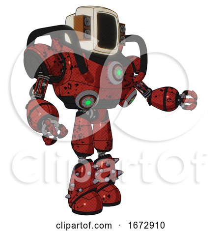 Android Containing Old Computer Monitor and Old Retro Speakers and Heavy Upper Chest and Chest Green Energy Cores and Light Leg Exoshielding and Spike Foot Mod. Grunge Dots Cherry Tomato Red. by Leo Blanchette