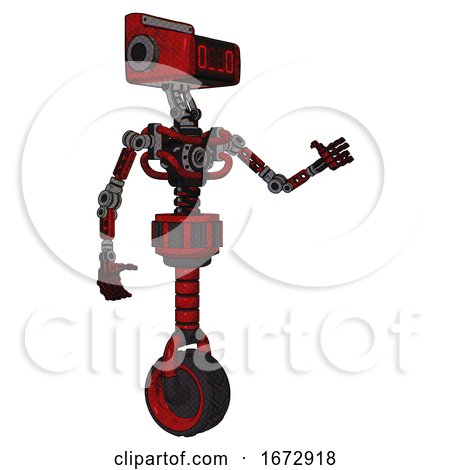 Bot Containing Dual Retro Camera Head and Clock Radio Head and Light Chest Exoshielding and No Chest Plating and Unicycle Wheel. Red Blood Grunge Material. Interacting. by Leo Blanchette