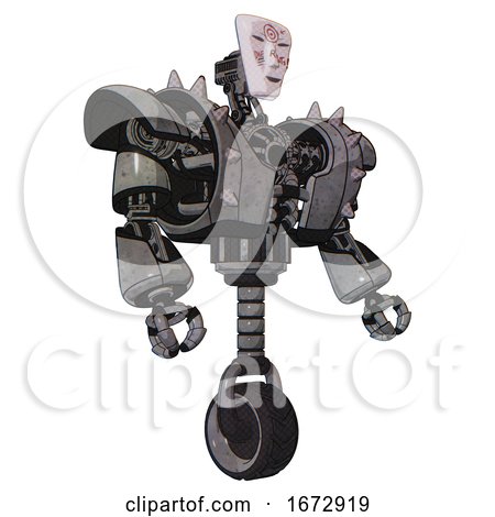 Automaton Containing Humanoid Face Mask and Die Robots Graffiti Design and Heavy Upper Chest and Heavy Mech Chest and Shoulder Spikes and Unicycle Wheel. Unpainted Metal. Facing Left View. by Leo Blanchette