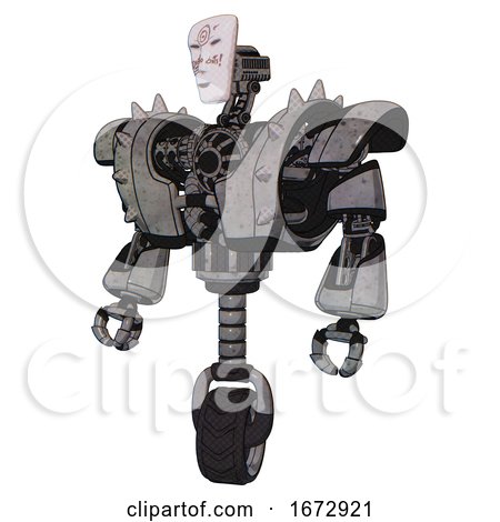 Automaton Containing Humanoid Face Mask and Die Robots Graffiti Design and Heavy Upper Chest and Heavy Mech Chest and Shoulder Spikes and Unicycle Wheel. Unpainted Metal. by Leo Blanchette