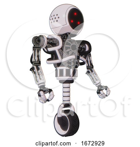 Cyborg Containing Three Led Eyes Round Head and Heavy Upper Chest and No Chest Plating and Unicycle Wheel. White Halftone Toon. Facing Left View. by Leo Blanchette