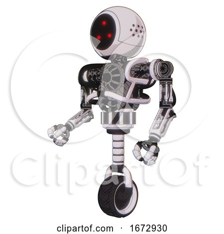 Cyborg Containing Three Led Eyes Round Head and Heavy Upper Chest and No Chest Plating and Unicycle Wheel. White Halftone Toon. Facing Right View. by Leo Blanchette