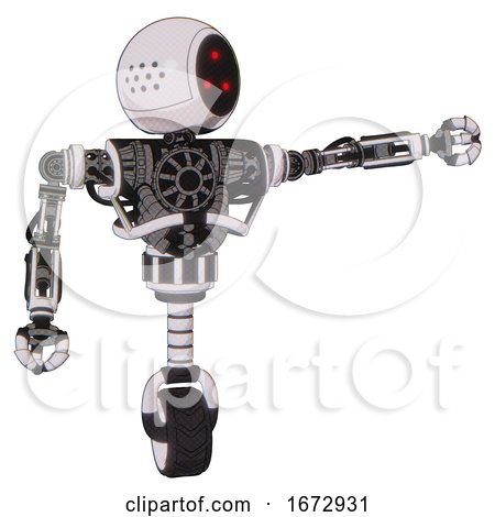 Bot Containing Three Led Eyes Round Head and Heavy Upper Chest and No Chest Plating and Unicycle Wheel. White Halftone Toon. Pointing Left or Pushing a Button.. by Leo Blanchette