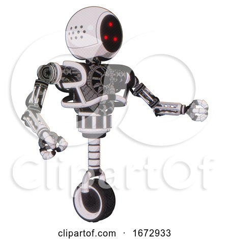 Bot Containing Three Led Eyes Round Head and Heavy Upper Chest and No Chest Plating and Unicycle Wheel. White Halftone Toon. Interacting. by Leo Blanchette