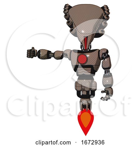 Mech Containing Flat Elongated Skull Head and Light Chest Exoshielding and Red Chest Button and Jet Propulsion. Khaki Halftone. Arm out Holding Invisible Object.. by Leo Blanchette