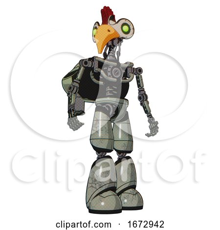 Droid Containing Bird Skull Head and Green Eyes and Chicken Design and Light Chest Exoshielding and Rocket Pack and No Chest Plating and Light Leg Exoshielding. Green Metal. Hero Pose. by Leo Blanchette