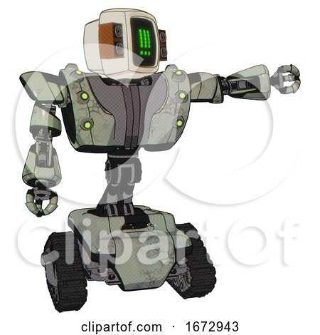 Bot Containing Old Computer Monitor and Pixel Exclamation Point Alert Face and Old Retro Speakers and Heavy Upper Chest and Heavy Mech Chest and Green Cable Sockets Array and Tank Tracks. Green Metal. by Leo Blanchette