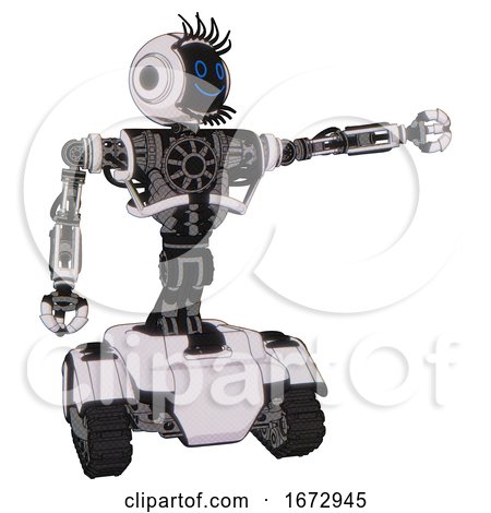 Automaton Containing Digital Display Head and Happy Face and Eye Lashes Deco and Heavy Upper Chest and No Chest Plating and Tank Tracks. White Halftone Toon. Pointing Left or Pushing a Button.. by Leo Blanchette