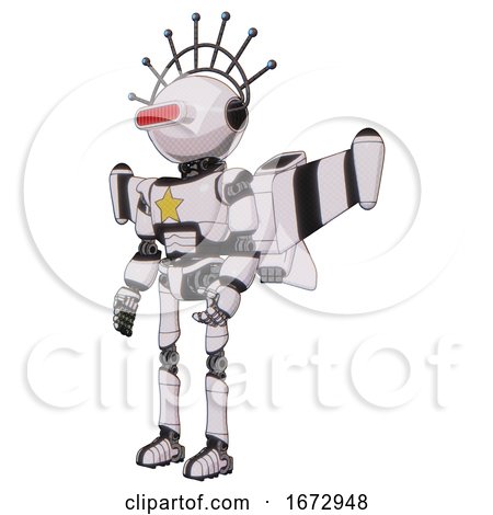 Bot Containing Oval Wide Head and Red Horizontal Visor and Techno Halo Ornament and Light Chest Exoshielding and Yellow Star and Stellar Jet Wing Rocket Pack and Ultralight Foot Exosuit. by Leo Blanchette
