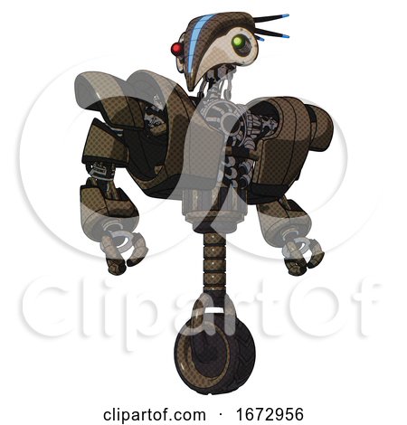 Android Containing Bird Skull Head and Yellow and Green Scope Eyes and Head Shield Design and Heavy Upper Chest and Heavy Mech Chest and Unicycle Wheel. Light Brown Halftone. Hero Pose. by Leo Blanchette