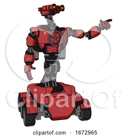 Droid Containing Dual Retro Camera Head and Simple Blue Telescopic Eye Head and Light Chest Exoshielding and Chest Valve Crank and Rocket Pack and Six-wheeler Base. Primary Red Halftone. by Leo Blanchette