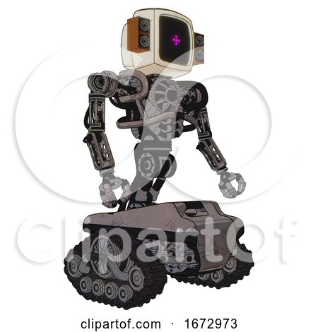 Robot Containing Old Computer Monitor and Magenta Symbol Display and Old Retro Speakers and Heavy Upper Chest and No Chest Plating and Tank Tracks. Light Pink Beige. Facing Left View. by Leo Blanchette
