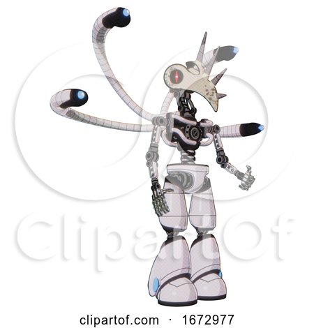 Droid Containing Bird Skull Head and Red Line Eyes and Light Chest Exoshielding and Blue-eye Cam Cable Tentacles and No Chest Plating and Light Leg Exoshielding. White Halftone Toon. Facing Left View. by Leo Blanchette