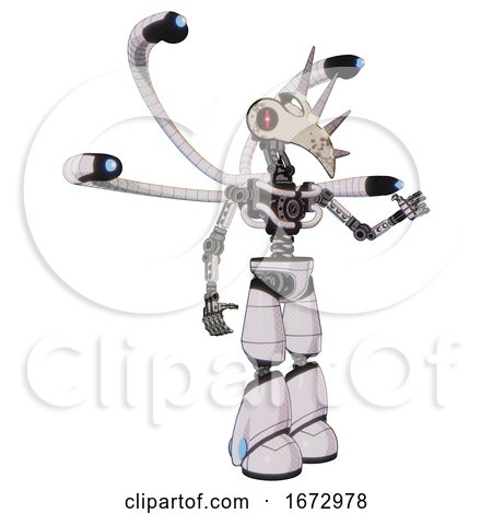 Droid Containing Bird Skull Head and Red Line Eyes and Light Chest Exoshielding and Blue-eye Cam Cable Tentacles and No Chest Plating and Light Leg Exoshielding. White Halftone Toon. Interacting. by Leo Blanchette