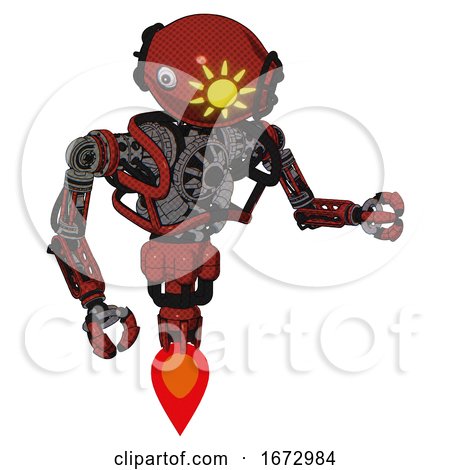 Droid Containing Oval Wide Head and Sunshine Patch Eye and Heavy Upper Chest and No Chest Plating and Jet Propulsion. Cherry Tomato Red. Fight or Defense Pose.. by Leo Blanchette