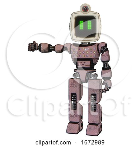 Android Containing Old Computer Monitor and Pixel Line Eyes and Retro-futuristic Webcam and Light Chest Exoshielding and Chest Green Blue Lights Array and Prototype Exoplate Legs. Grayish Pink. by Leo Blanchette