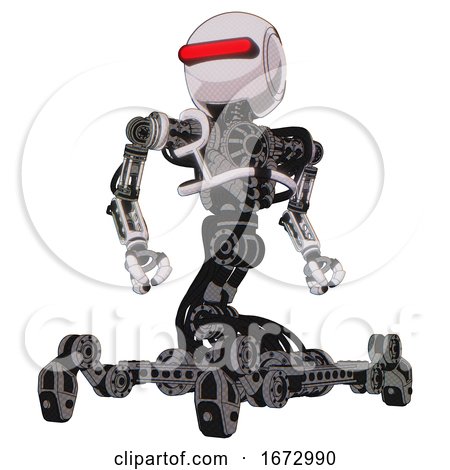 Droid Containing Round Head and Horizontal Red Visor and Heavy Upper Chest and No Chest Plating and Insect Walker Legs. White Halftone Toon. Hero Pose. by Leo Blanchette