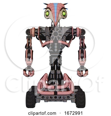 Mech Containing Bird Skull Head and Green Eyes and Head Shield Design and Heavy Upper Chest and No Chest Plating and Six-wheeler Base. Toon Pink Tint. Front View. by Leo Blanchette
