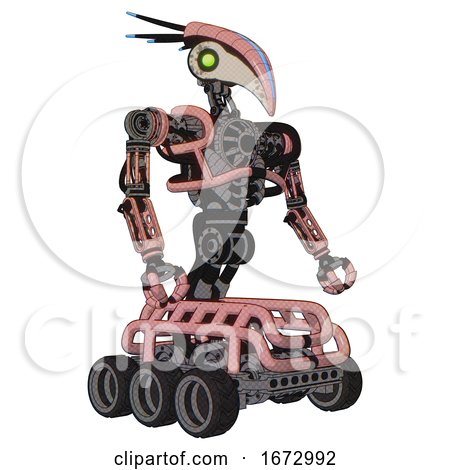 Mech Containing Bird Skull Head and Green Eyes and Head Shield Design and Heavy Upper Chest and No Chest Plating and Six-wheeler Base. Toon Pink Tint. Facing Left View. by Leo Blanchette