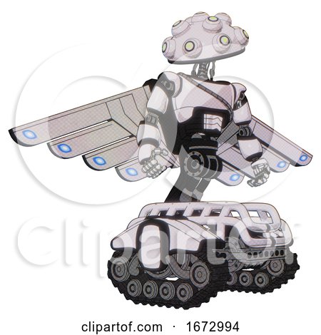 Automaton Containing Techno Multi-eyed Domehead Design and Light Chest Exoshielding and Cable Sash and Cherub Wings Design and Tank Tracks. White Halftone Toon. Hero Pose. by Leo Blanchette