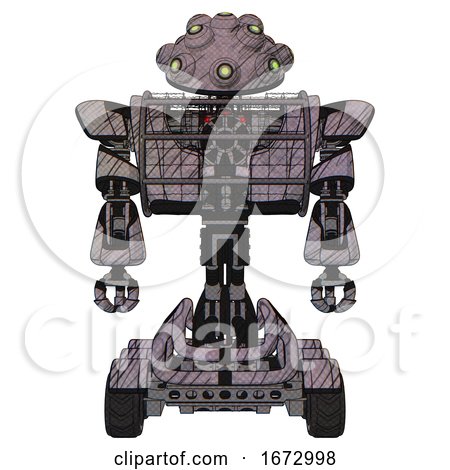 Automaton Containing Techno Multi-eyed Domehead Design and Heavy Upper Chest and Heavy Mech Chest and Barbed Wire Chest Armor Cage and Six-wheeler Base. Dark Sketch Lines. Front View. by Leo Blanchette