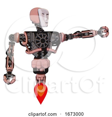 Android Containing Humanoid Face Mask and Heavy Upper Chest and No Chest Plating and Jet Propulsion. Toon Pink Tint. Pointing Left or Pushing a Button.. by Leo Blanchette