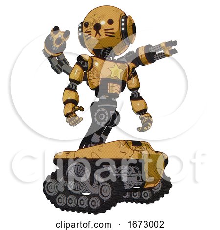 Automaton Containing Round Head and Head Light Gadgets and Light Chest Exoshielding and Yellow Star and Minigun Back Assembly and Tank Tracks and Cat Face. Construction Yellow Halftone. Hero Pose. by Leo Blanchette