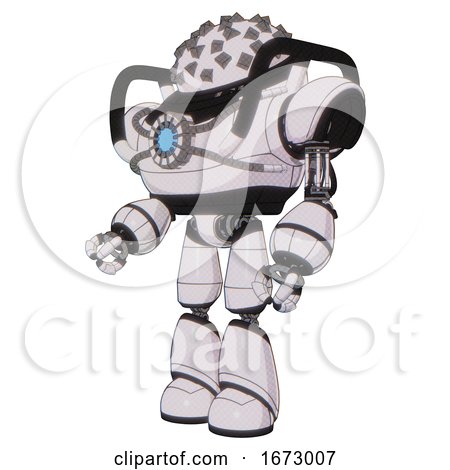 Robot Containing Metal Cubes Dome Head Design and Heavy Upper Chest and Chest Blue Energy Core and Light Leg Exoshielding. White Halftone Toon. Facing Right View. by Leo Blanchette