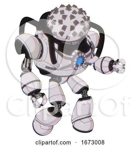 Robot Containing Metal Cubes Dome Head Design and Heavy Upper Chest and Chest Blue Energy Core and Light Leg Exoshielding. White Halftone Toon. Fight or Defense Pose.. by Leo Blanchette