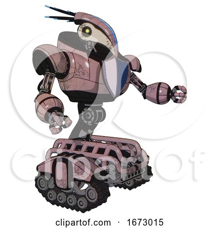 Mech Containing Bird Skull Head and Yellow Led Protruding Eyes and Head Shield Design and Heavy Upper Chest and Blue Shield Defense Design and Tank Tracks. Grayish Pink. Interacting. by Leo Blanchette