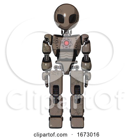 Robot Containing Grey Alien Style Head and Black Eyes and Light Chest Exoshielding and Red Energy Core and Prototype Exoplate Legs. Patent Khaki Metal. Front View. by Leo Blanchette