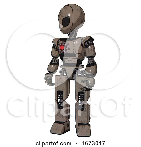 Robot Containing Grey Alien Style Head and Black Eyes and Light Chest Exoshielding and Red Energy Core and Prototype Exoplate Legs. Patent Khaki Metal. Standing Looking Right Restful Pose. by Leo Blanchette