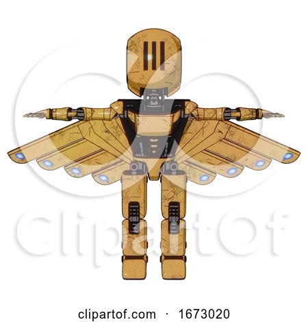 Bot Containing Round Head and Three Lens Sentinel Visor and Light Chest Exoshielding and Ultralight Chest Exosuit and Cherub Wings Design and Prototype Exoplate Legs. Construction Yellow Halftone. by Leo Blanchette