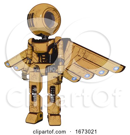 Bot Containing Round Head and Three Lens Sentinel Visor and Light Chest Exoshielding and Ultralight Chest Exosuit and Cherub Wings Design and Prototype Exoplate Legs. Construction Yellow Halftone. by Leo Blanchette