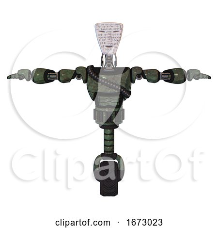 Cyborg Containing Humanoid Face Mask and Binary War Paint and Light Chest Exoshielding and Rubber Chain Sash and Unicycle Wheel. Old Corroded Copper. T-pose. by Leo Blanchette