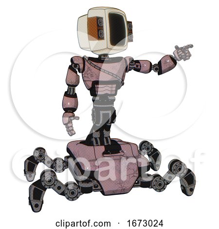 Droid Containing Old Computer Monitor and Old Retro Speakers and Light Chest Exoshielding and Cable Sash and Insect Walker Legs. Grayish Pink. Pointing Left or Pushing a Button.. by Leo Blanchette