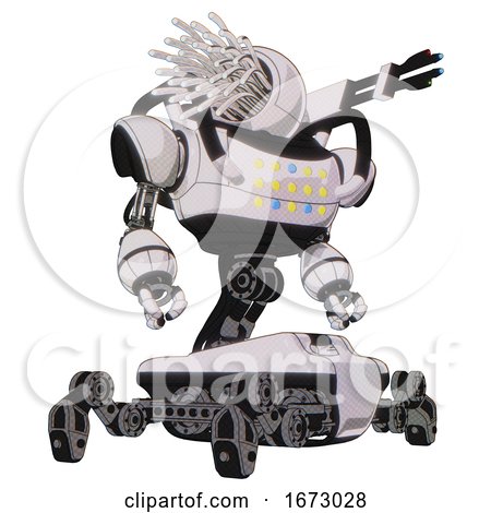 Bot Containing Round Fiber Optic Connectors Head and Heavy Upper Chest and Colored Lights Array and Insect Walker Legs. White Halftone Toon. Hero Pose. by Leo Blanchette