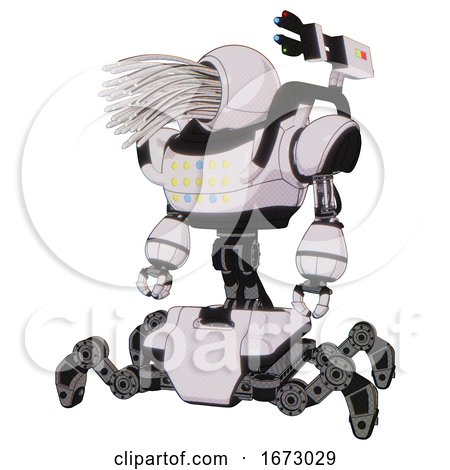 Bot Containing Round Fiber Optic Connectors Head and Heavy Upper Chest and Colored Lights Array and Insect Walker Legs. White Halftone Toon. Standing Looking Right Restful Pose. by Leo Blanchette