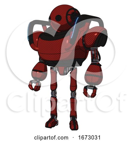 Robot Containing Oval Wide Head and Heavy Upper Chest and Blue Strip Lights and Ultralight Foot Exosuit. Matted Red. Standing Looking Right Restful Pose. by Leo Blanchette