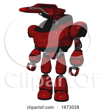 Robot Containing Dual Retro Camera Head and Laser Gun Head and Heavy Upper Chest and Light Leg Exoshielding. Red Blood Grunge Material. Standing Looking Right Restful Pose. by Leo Blanchette