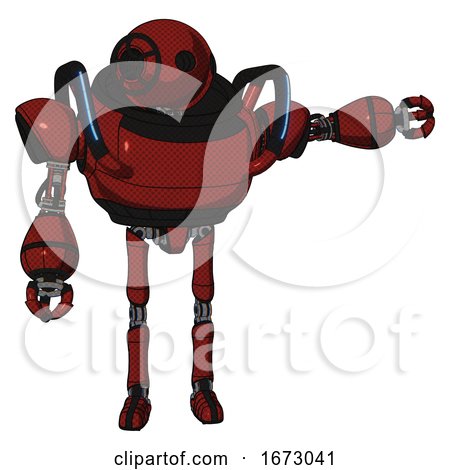 Robot Containing Oval Wide Head and Heavy Upper Chest and Blue Strip Lights and Ultralight Foot Exosuit. Matted Red. Pointing Left or Pushing a Button.. by Leo Blanchette