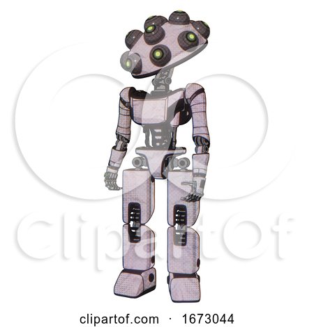Bot Containing Many Robo-eye Domehead Design and Light Chest Exoshielding and Ultralight Chest Exosuit and Prototype Exoplate Legs. Sketch Pad Dots Pattern. Standing Looking Right Restful Pose. by Leo Blanchette