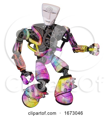 Android Containing Humanoid Face Mask and Spiral Design and Heavy Upper Chest and No Chest Plating and Light Leg Exoshielding and Spike Foot Mod. Plasma Burst. Fight or Defense Pose.. by Leo Blanchette