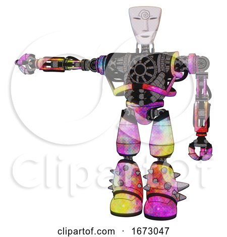 Android Containing Humanoid Face Mask and Spiral Design and Heavy Upper Chest and No Chest Plating and Light Leg Exoshielding and Spike Foot Mod. Plasma Burst. Arm out Holding Invisible Object.. by Leo Blanchette