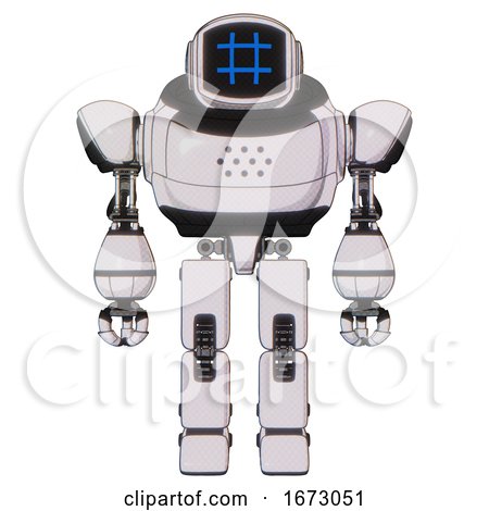 Cyborg Containing Digital Display Head and Hashtag Face and Heavy Upper Chest and Prototype Exoplate Legs. White Halftone Toon. Front View. by Leo Blanchette
