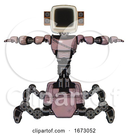 Droid Containing Old Computer Monitor and Old Retro Speakers and Light Chest Exoshielding and Cable Sash and Insect Walker Legs. Grayish Pink. T-pose. by Leo Blanchette