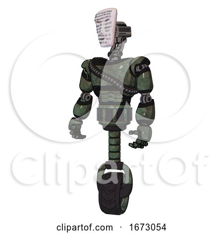 Cyborg Containing Humanoid Face Mask and Binary War Paint and Light Chest Exoshielding and Rubber Chain Sash and Unicycle Wheel. Old Corroded Copper. Standing Looking Right Restful Pose. by Leo Blanchette